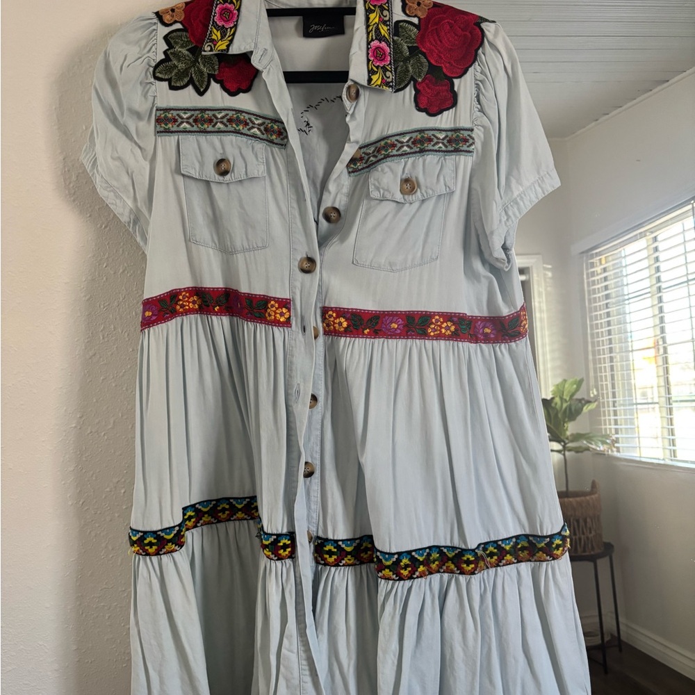 Elegant  Midi Dress in Light Blues and Multicolor embroidery.